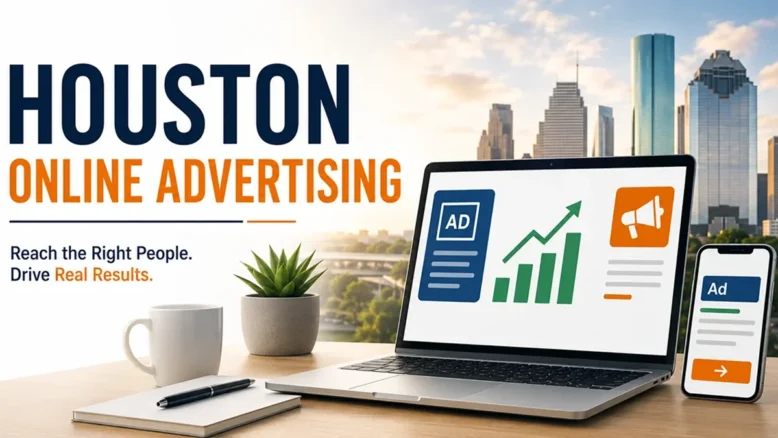 Houston online advertising graphic with coffee cup laptop and cell phone.