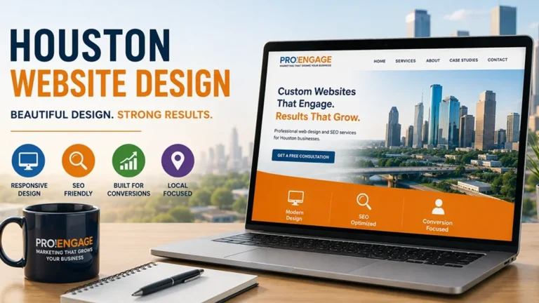 Top Houston website design company feature with laptop and descriptions.