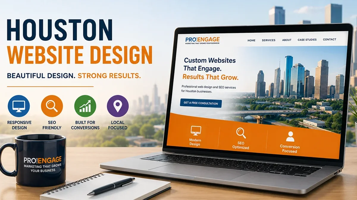 Top Houston website design company feature with laptop and descriptions.