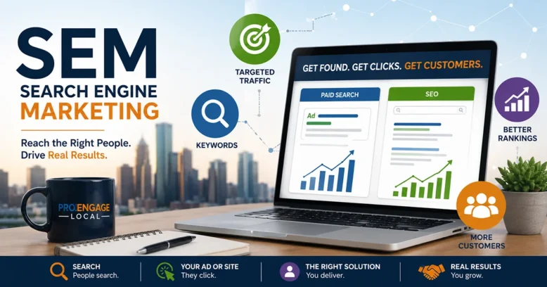 Search engine marketing feature image showing organic vs paid and sem tools.