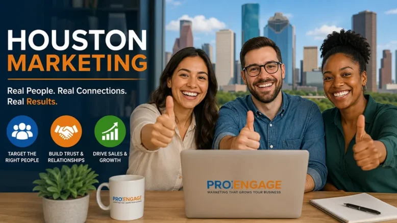 Houston marketing make them happy graphic showing Houston Marketing tools and a team of three marketers giving thumbs up.