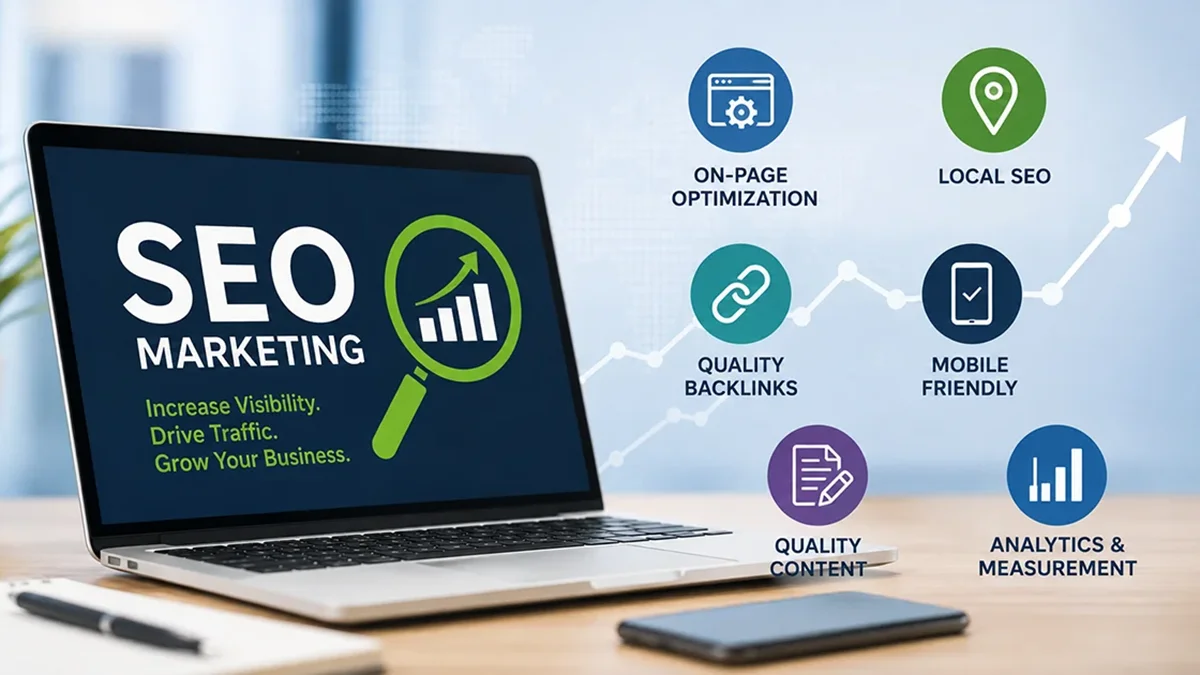 SEO marketing graphic with on page local seo and quality backlink logos.