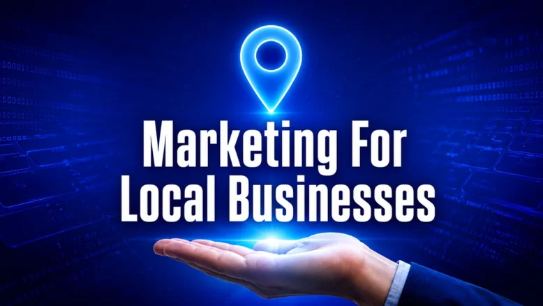 Marketing for local businesses graphic with a location marker above an outstretched hand.