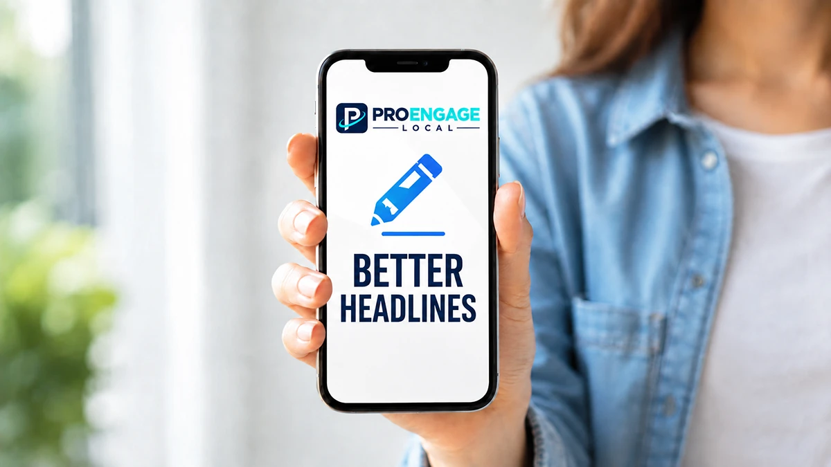 Person holding a smartphone displaying the ProEngage Local logo, a pencil icon, and the words Better Headlines.