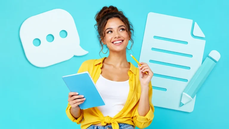 Woman holding a notebook and pencil with bright creative symbols representing blogging and content creation.