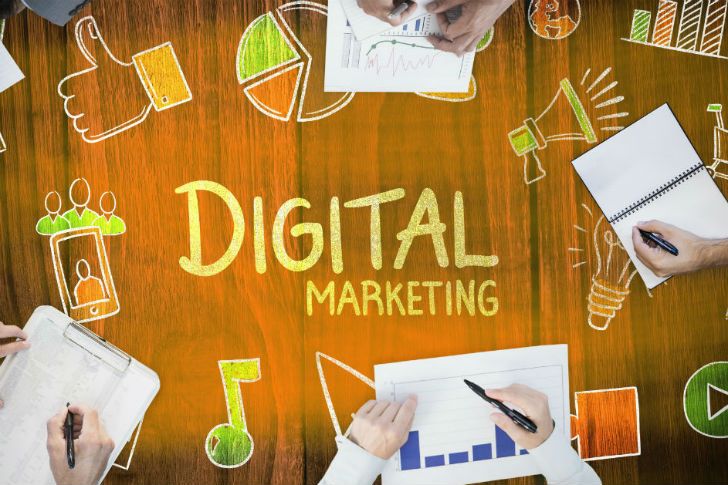 Digital online marketing cartoon table