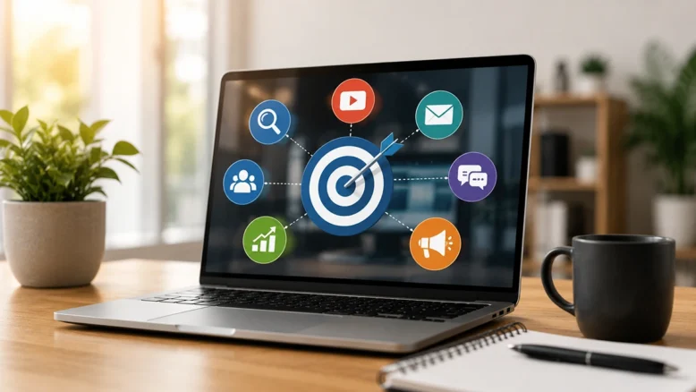 Laptop displaying an online marketing strategy with visual icons for search, social media, email, advertising, and analytics.