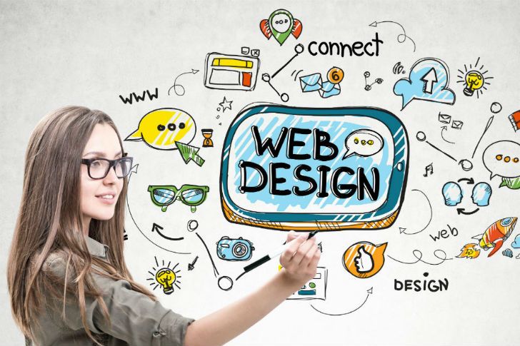 Woman drawing local business website cartoon.