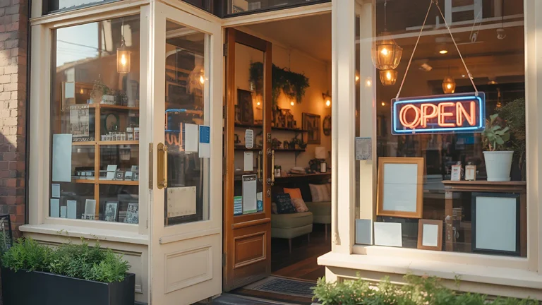Local small business storefront with an open sign and welcoming interior.