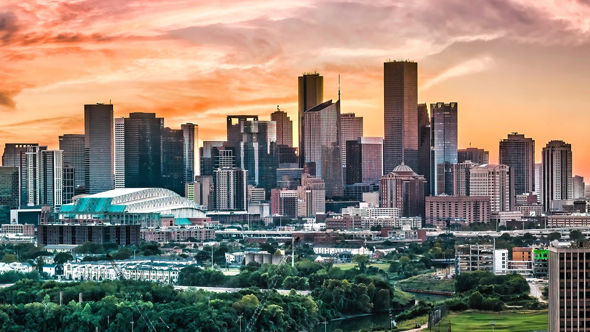 Houston Texas skyline with baseball stadium.