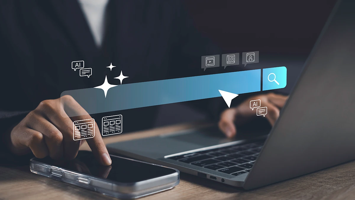 Professional website design image of hands typing and scrolling at the same time.