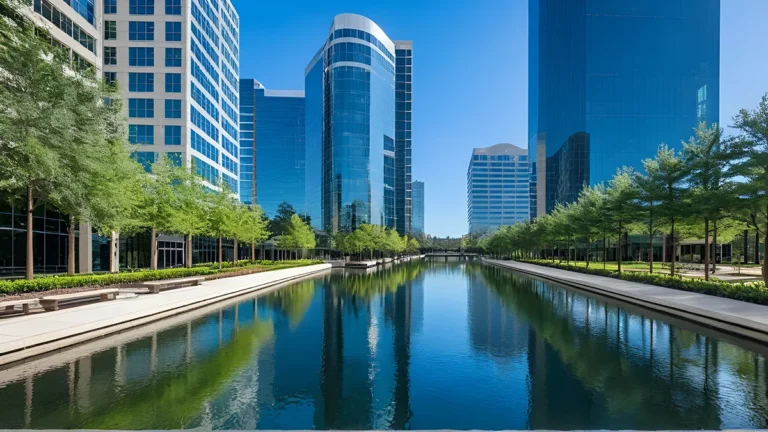 Downtown The Woodlands, TX river running through with trees on each side.