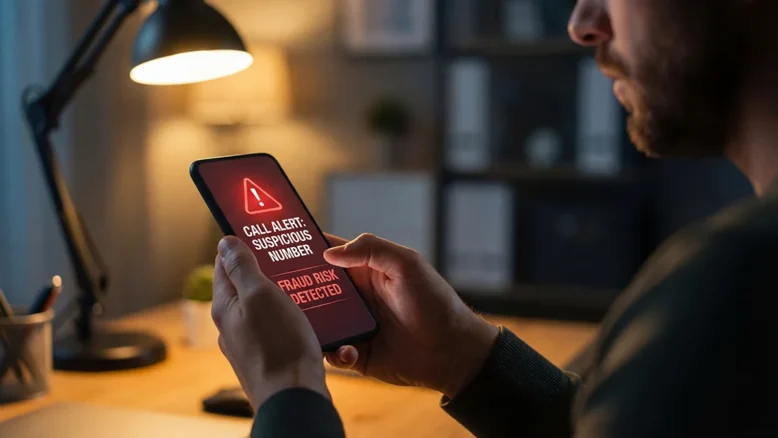 Man holding cell phone with an alert logo on it.