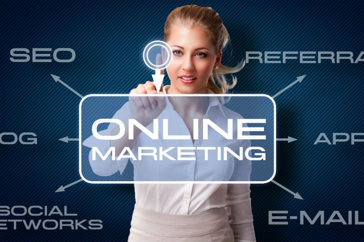 Woman pointing to online marketing digital board
