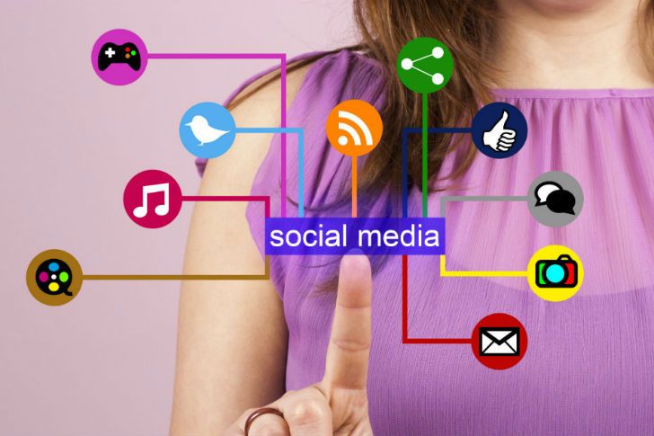 Woman pointing to social media marketing icons