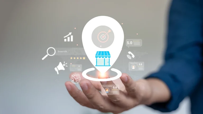 Man holding cartoon image of a local content marketing map pin.