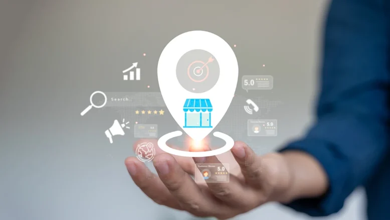Man holding cartoon image of a local content marketing map pin.