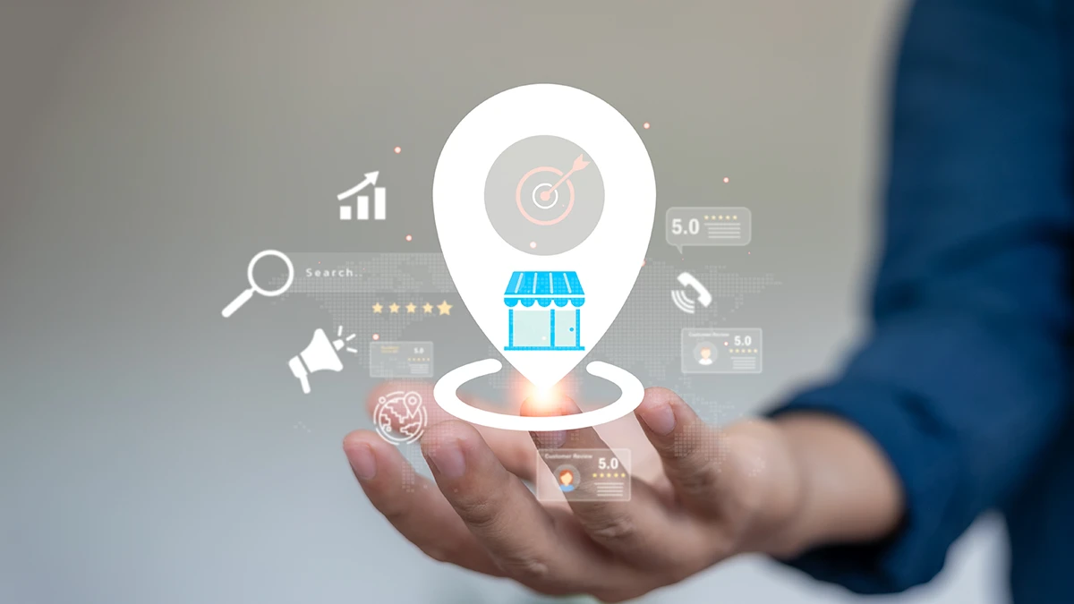 Man holding cartoon image of a local content marketing map pin.