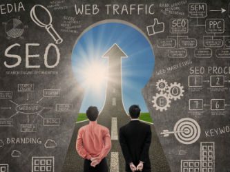 SEO website design graphic or road leading into key up arrow