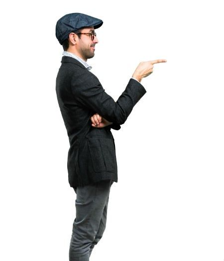 Digital marketing company worker wearing a hat pointing to a contact form
