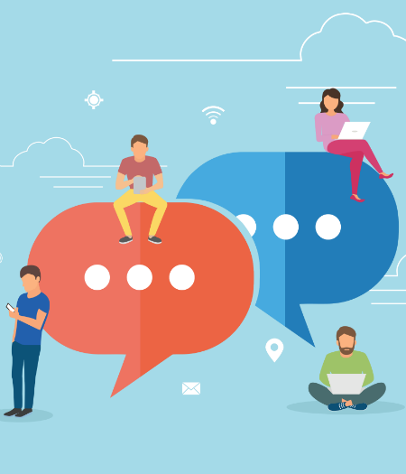 How to contact our Sugar Land TX digital marketing company red and blue conversation bubbles