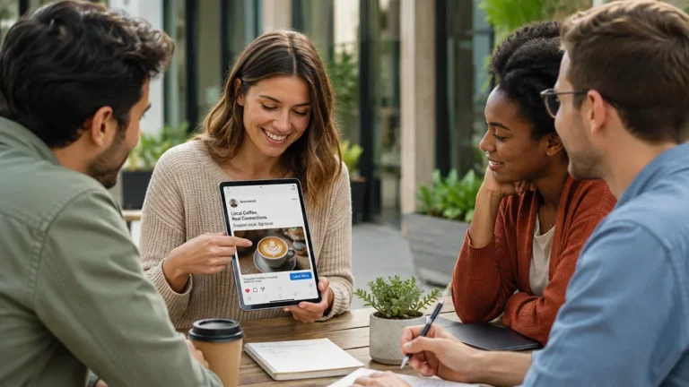 Team reviewing a social media advertising campaign on a tablet during a collaborative marketing meeting.