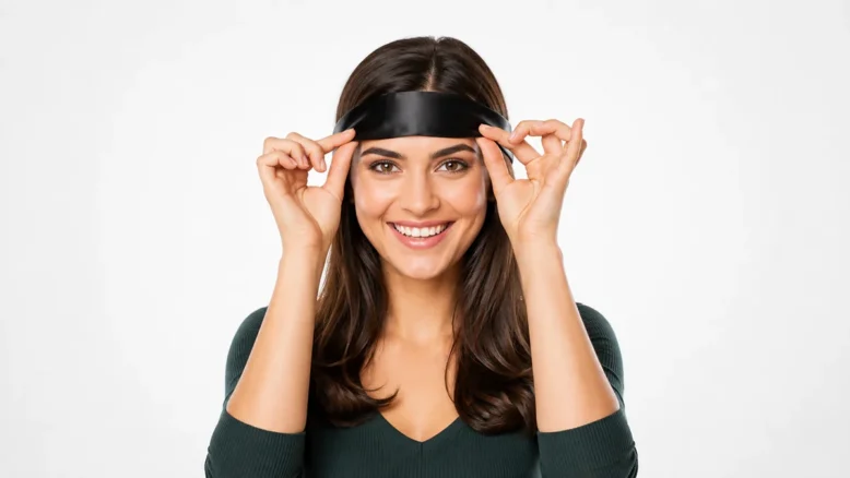 Smiling woman removing a black blindfold against a light background.