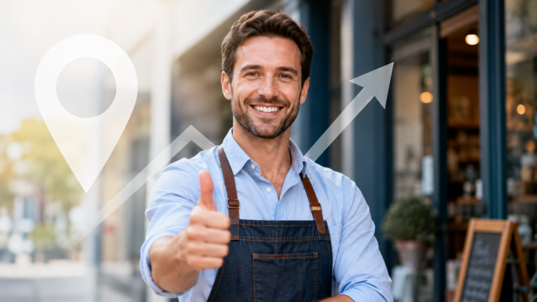Local business owner giving a thumbs-up with a location marker and upward growth arrow in the background.