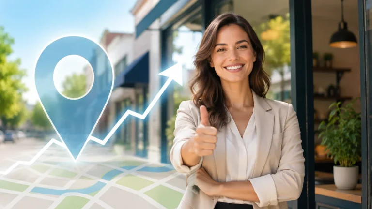 Local business owner giving a thumbs-up with a location marker and growth arrow representing stronger local search visibility.