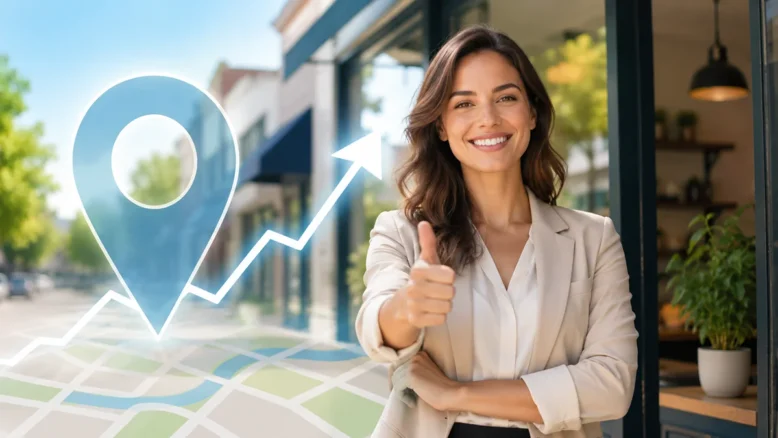 Local business owner giving a thumbs-up with a location marker and growth arrow representing stronger local search visibility.
