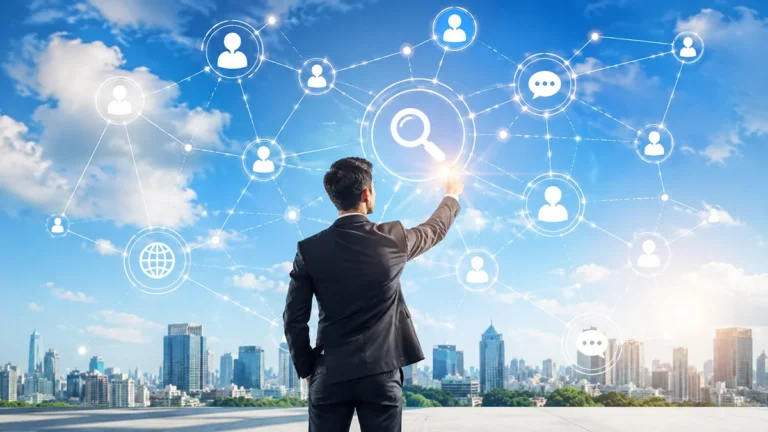 Business professional connecting with a digital search network against a city skyline.