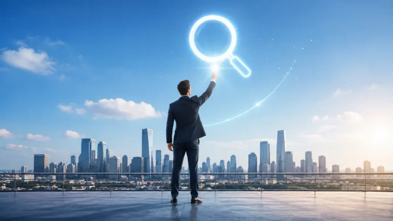 Business professional reaching toward a glowing digital search icon above a city skyline.