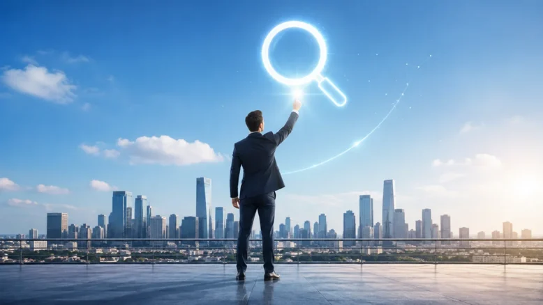 Business professional reaching toward a glowing digital search icon above a city skyline.