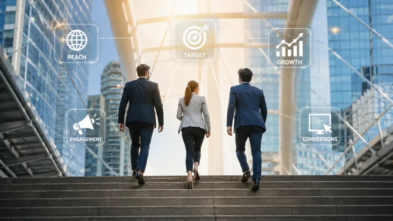 Business professionals moving upward toward digital marketing goals representing reach, targeting, engagement, conversions, and growth.