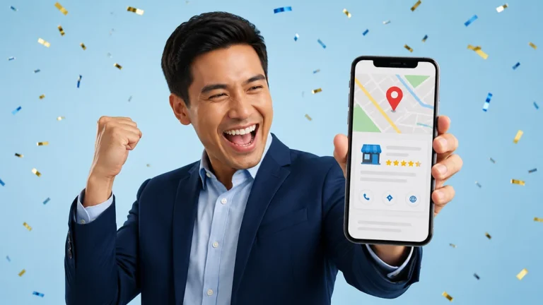 Celebrating local SEO success while holding a smartphone showing a Google Business profile with map location and review stars.
