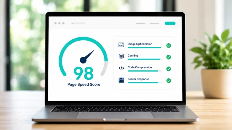 Laptop displaying a website page speed performance dashboard with optimization, caching, code compression, and server response indicators.