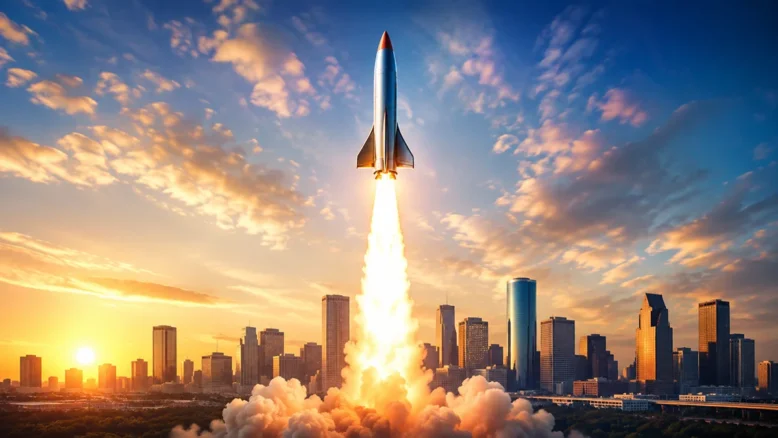 Rocket launching above the Houston skyline to represent local businesses rising in search rankings through SEO.