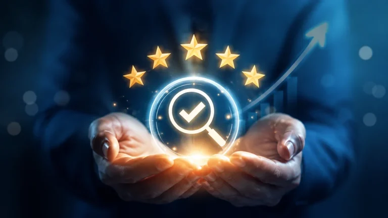 Hands presenting a five-star SEO quality symbol with an upward growth arrow representing search optimization and stronger rankings.