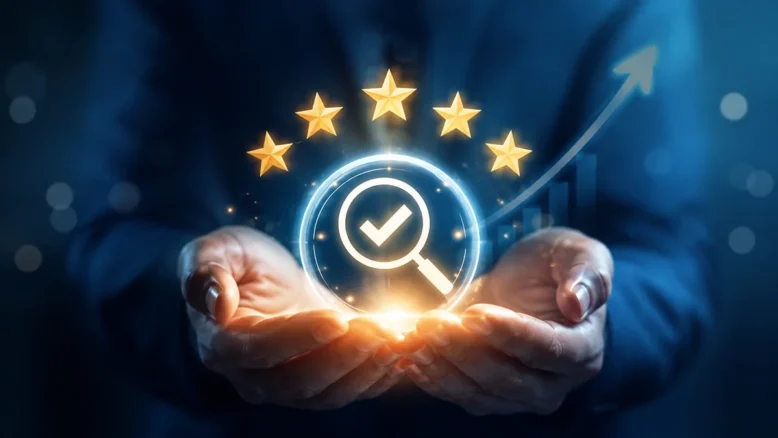 Hands presenting a five-star SEO quality symbol with an upward growth arrow representing search optimization and stronger rankings.
